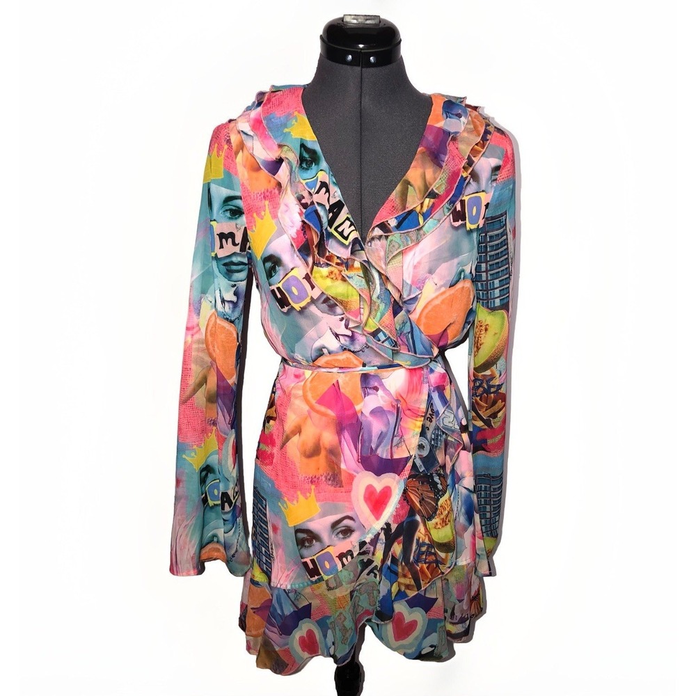 Elsie & Fred Moxie Ruffle Collar Chiffon Y2K Dress In Collage Print S DAMAGED‎